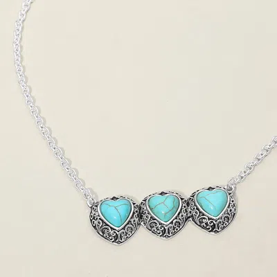 Fashnzfab Triple Antique Metal Scrollwork Frame Heart Tile Pendant Necklace - Antique Silver, Turquoise In Multi