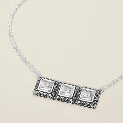 Fashnzfab Triple Antique Metal Scrollwork Frame Square Tile Pendant Necklace - Antique Silver, Clear In Multi
