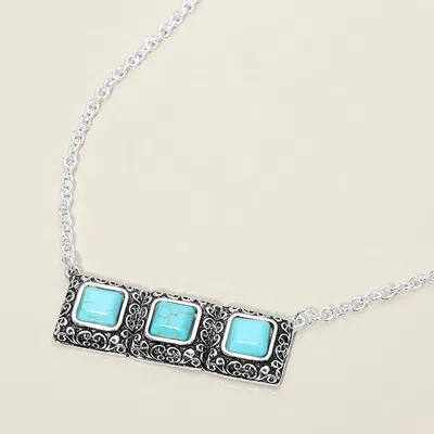 Fashnzfab Triple Antique Metal Scrollwork Frame Square Tile Pendant Necklace - Antique Silver, Turquoise In Multi