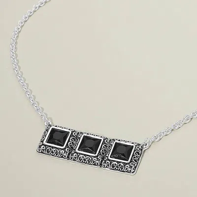 Fashnzfab Triple Antique Metal Scrollwork Frame Square Tile Pendant Necklace In Black
