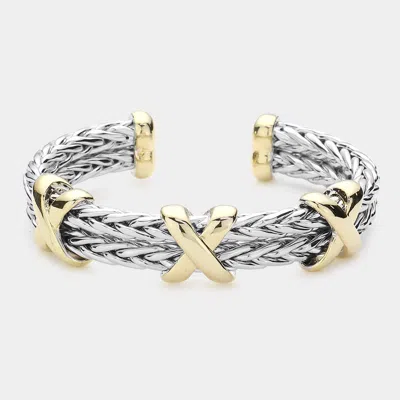Fashnzfab Triple Crisscross Accented Metal Cuff Bracelet Two Tone In Multi