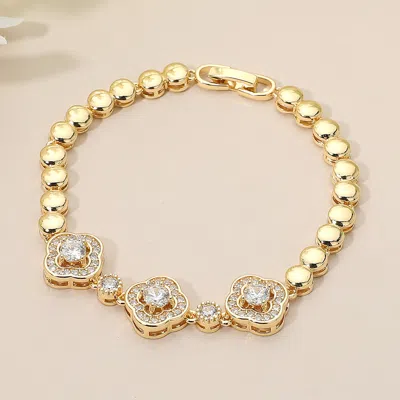 Fashnzfab Triple Cz Quatrefoil Charm Link Beaded Bracelet In Gold