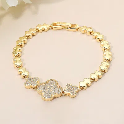Fashnzfab Triple Cz Stone Paved Quatrefoil Link Beaded Bracelet - Gold