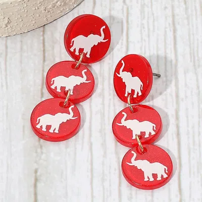 Fashnzfab Triple Elephant Disc Game Day Style Drop Earrings - Red In Gold