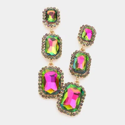 Fashnzfab Triple Emerald Cut Stone Link Dangle Evening Earrings - Vitrail Medium In Green