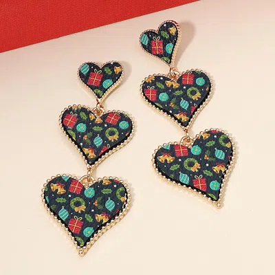 Fashnzfab Triple Faux Leather Christmas Heart Link Drop Statement Earrings In Multi
