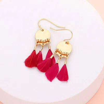 Fashnzfab Triple Feather Dangle Earrings - Red In Gold