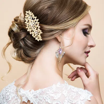 Fashnzfab Triple Flower Leaf Cluster Hair Comb In Gold