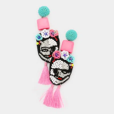 Fashnzfab Triple Flower Sequin Seed Beaded Skull Tassel Link Dangle Earrings In Pink