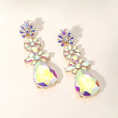 Fashnzfab Triple Flower Stone Cluster Link Teardrop Pointed Evening Earrings - Ab, Gold In Multi