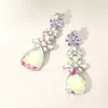 Fashnzfab Triple Flower Stone Cluster Link Teardrop Pointed Evening Earrings - Ab, Silver In Multi