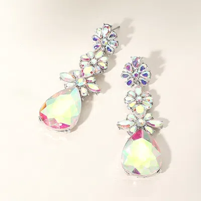 Fashnzfab Triple Flower Stone Cluster Link Teardrop Pointed Evening Earrings - Ab, Silver In Multi