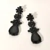 Fashnzfab Triple Flower Stone Cluster Link Teardrop Pointed Evening Earrings - Black, Jet Black In Black