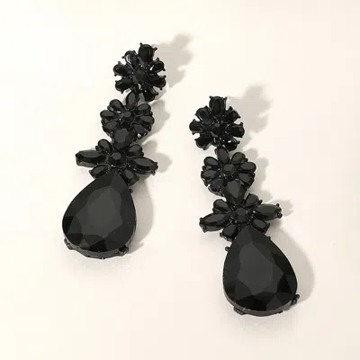Fashnzfab Triple Flower Stone Cluster Link Teardrop Pointed Evening Earrings - Black, Jet Black