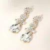 Fashnzfab Triple Flower Stone Cluster Link Teardrop Pointed Evening Earrings - Clear, Gold In Gold