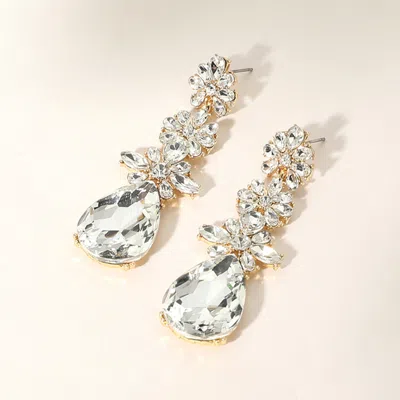 Fashnzfab Triple Flower Stone Cluster Link Teardrop Pointed Evening Earrings - Clear, Gold