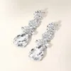 Fashnzfab Triple Flower Stone Cluster Link Teardrop Pointed Evening Earrings - Clear, Silver In Metallic