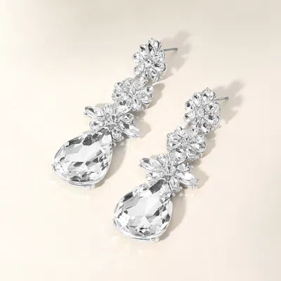 Fashnzfab Triple Flower Stone Cluster Link Teardrop Pointed Evening Earrings - Clear, Silver In Metallic