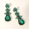 Fashnzfab Triple Flower Stone Cluster Link Teardrop Pointed Evening Earrings - Emerald, Gold In Multi