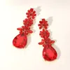 Fashnzfab Triple Flower Stone Cluster Link Teardrop Pointed Evening Earrings - Gold, Siam In Red