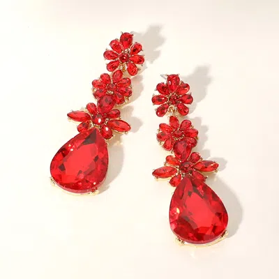 Fashnzfab Triple Flower Stone Cluster Link Teardrop Pointed Evening Earrings - Gold, Siam In Red