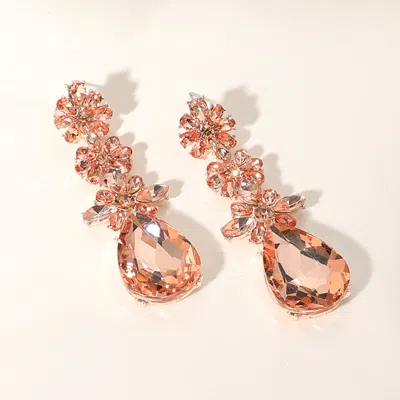 Fashnzfab Triple Flower Stone Cluster Link Teardrop Pointed Evening Earrings - Peach, Rose Gold