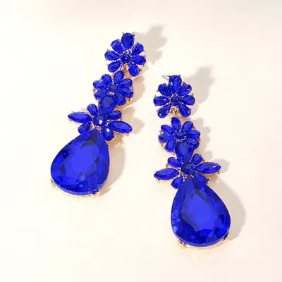 Fashnzfab Triple Flower Stone Cluster Link Teardrop Pointed Evening Earrings - Sapphire, Silver In Blue