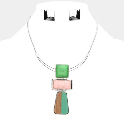Fashnzfab Triple Geometric Stone Wood Link Necklace In Multi
