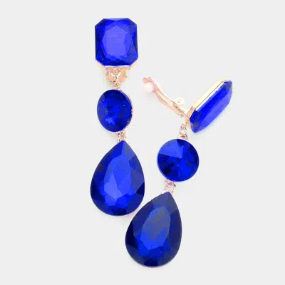 Fashnzfab Triple Glass Crystal Drop Clip On Earrings In Blue