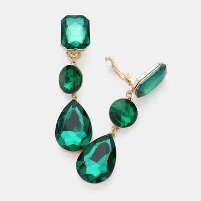Fashnzfab Triple Glass Crystal Drop Clip On Earrings In Green