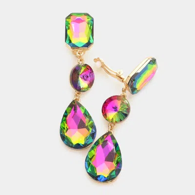 Fashnzfab Triple Glass Crystal Drop Clip On Earrings In Multi