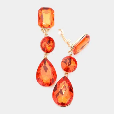 Fashnzfab Triple Glass Crystal Drop Clip On Earrings In Orange