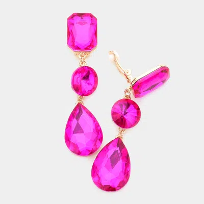 Fashnzfab Triple Glass Crystal Drop Clip On Earrings In Pink