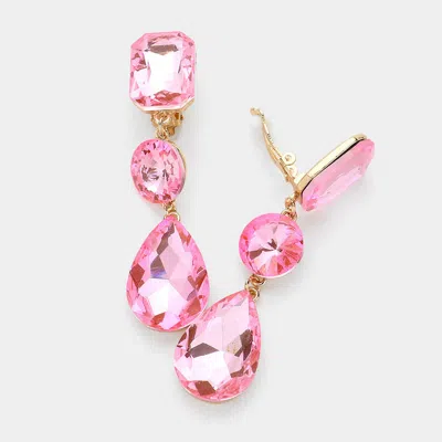 Fashnzfab Triple Glass Crystal Drop Clip On Earrings In Pink