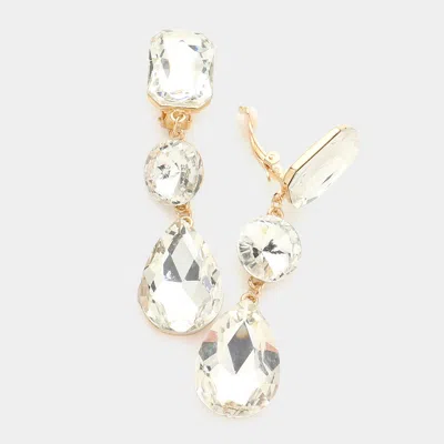 Fashnzfab Triple Glass Crystal Drop Clip On Earrings In Silver