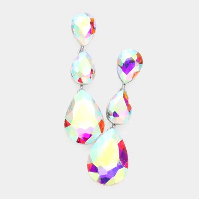 FASHNZFAB TRIPLE GLASS CRYSTAL TEARDROP EVENING EARRINGS - AB, RHODIUM