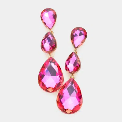 Fashnzfab Triple Glass Crystal Teardrop Evening Earrings - Fuchsia In Pink