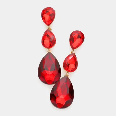 Fashnzfab Triple Glass Crystal Teardrop Evening Earrings In Red