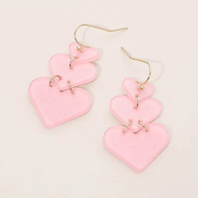 Fashnzfab Triple Glitter Resin Heart Plate Link Drop Earrings Pink