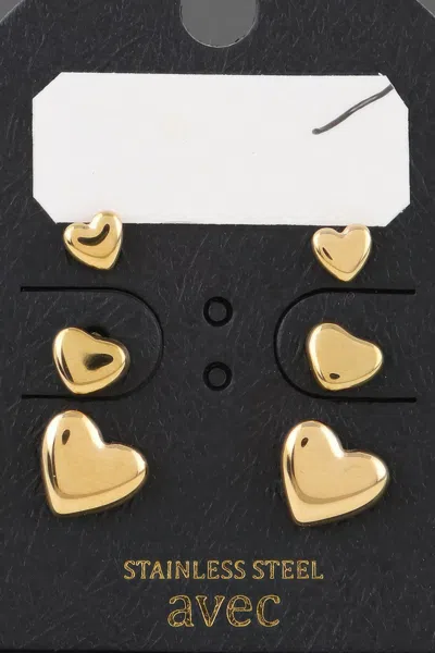 Fashnzfab Triple Hearts Stud Earrings Set In Gold