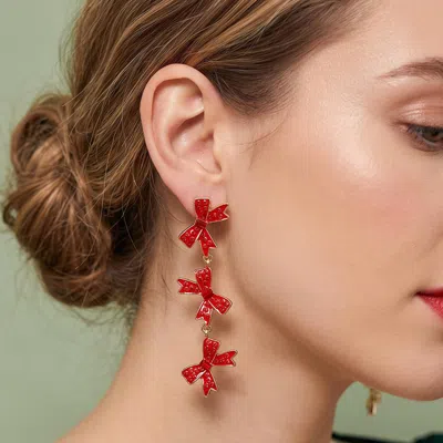 Fashnzfab Triple Holiday Bow Charm Link Drop Earrings In Silver