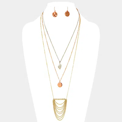 Fashnzfab Triple Layer Hammered Metal Disc & Draped Chain Pendant Necklace In Gold