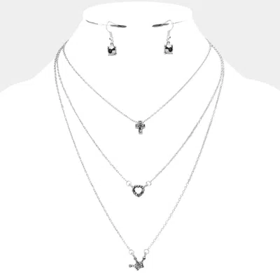 Fashnzfab Triple Layer Stone Cross Heart Pendant Necklace In Metallic