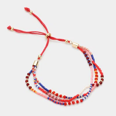 Fashnzfab Triple Layered Beaded Adjustable Pull Tie Bracelet Red