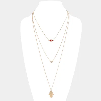 Fashnzfab Triple Layered Crystal Evil Eye Hamsa Hand Pendant Necklace In Gold