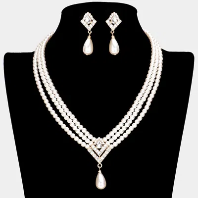 Fashnzfab Triple Layered Pearl Necklace - Cream, Gold In Metallic