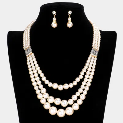 Fashnzfab Triple Layered Pearl Necklace - Cream In White