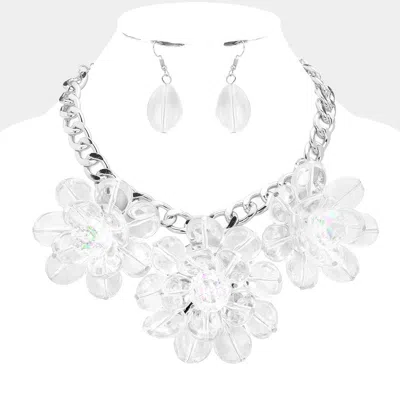 Fashnzfab Triple Lucite Flower Necklace In Silver