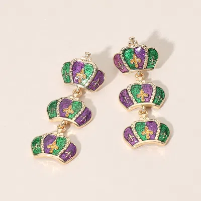 Fashnzfab Triple Mardi Gras Crown Link Drop Earrings Gold In Green
