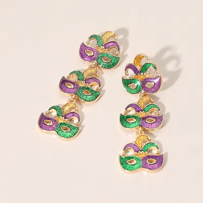 Fashnzfab Triple Mardi Gras Jester Mask Link Drop Earrings Gold In Green